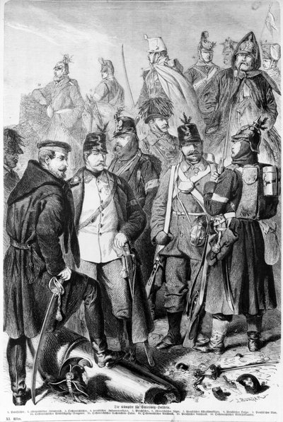 Guerra dei Ducati, soldati e ufficiali austriaci e prussiani che combattono per lo Schleswig-Holstein, 1864, pubblicato a Lipsia da German School